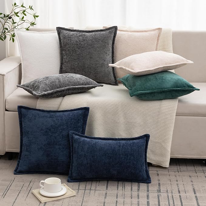 Navy Blue Decorative Throw Pillow Covers 24x24 Inch Set of 2 Cozy Soild Chenille Cushion Cases Soft Textured Square Couch Pillows Cover Boho Accent Farmhouse Pillowcases for Sofa Bed