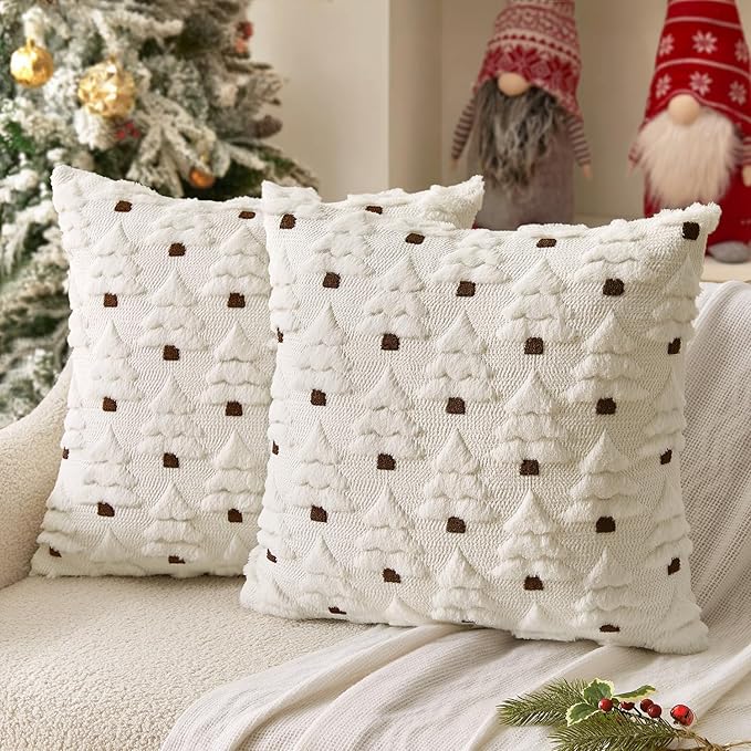 MIULEE Christmas Tree Decorative Pillow Covers Faux Fur Wool Throw Pillows Soft Plush Cushion Covers Set of 2 Xmas Home Decor Winter Holiday for Sofa Couch Livingroom Bed 20x20 Inch Cream