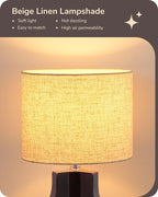 EDISHINE 14.6" Small Table Lamp, Walnut Wood Tripod Nightstand Lamp for Bedroom, Beige Linen Shade, Cute Bedside Lamp for Living Room, Bedroom, On-Off Line Switch, E26 Base(Bulb Not Included)