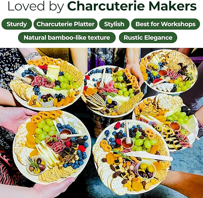 Dtocs Disposable Charcuterie Boards (25) 13" Round Palm Leaf Plates | Bamboo Like Strong Compostable Trays, Serving Platters, Grazing, Cheese Boards for Wedding Parties, Catering | Wooden Look