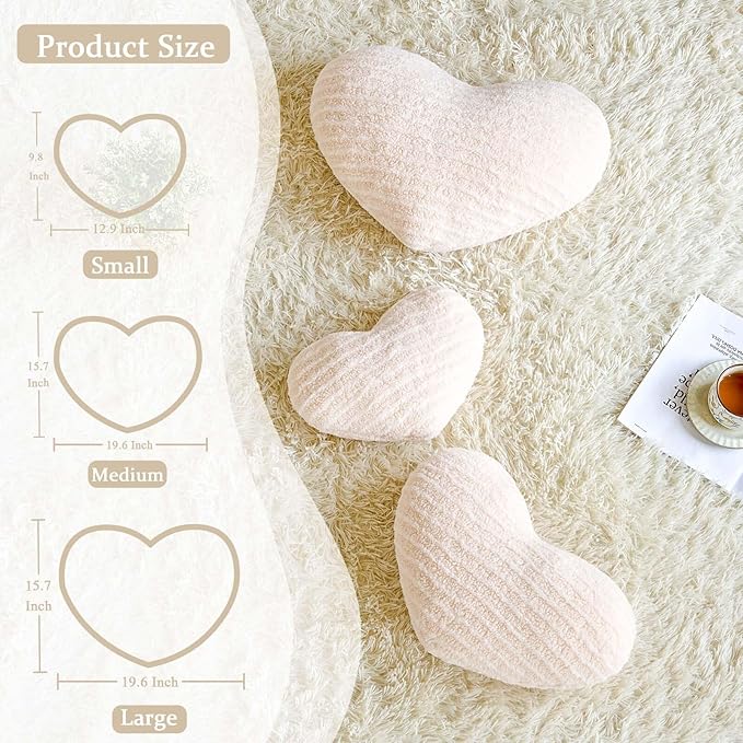 Ivory Heart Pillows, 15.7" Cute Heart Decorative Pillow, Stripe Heart Shaped Plush Throw Pillows for Bed