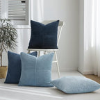 Topfinel Decorative Blue Throw Pillow Covers Set of 4,Boho Velvet Blue Gray Cushion Covers with Striped Corduroy,Soft Accent Pillowcases for Couch,Bed,Living Room Home Decor 16×16 Inch