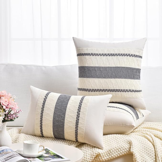 Fancy Homi Set of 2 Neutral Grey Farmhouse Euro Decorative Throw Pillow Covers 26x26 Inch for Couch Bed Chair, Vintage Country Rustic Retro Room Decor, Soft Thick Cotton Handmade Woven Cushion Case