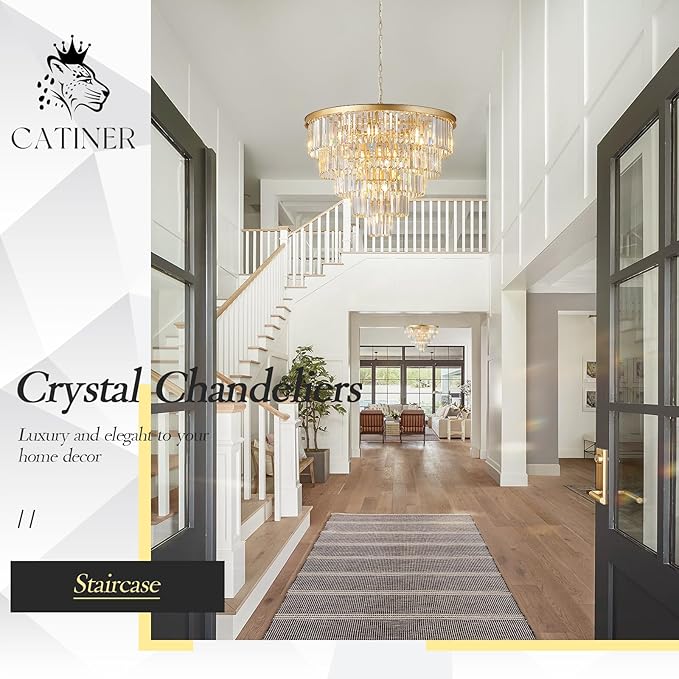 Large Crystal Chandeliers Modern 30”Gold Chandelier for Foyer Staircase Chandeliers 5 Tiers 16 Lights Luxury K9 Ceiling Pendant Lighting Fixture for Dining Room Bedroom