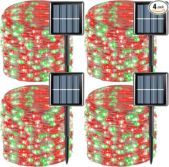 QITONG 4 Pack Red and Green Solar Christmas Lights, Each 33ft 100 LED Fairy Lights Outdoor Waterproof, 8 Modes Mini Twinkle String Lights for Outside