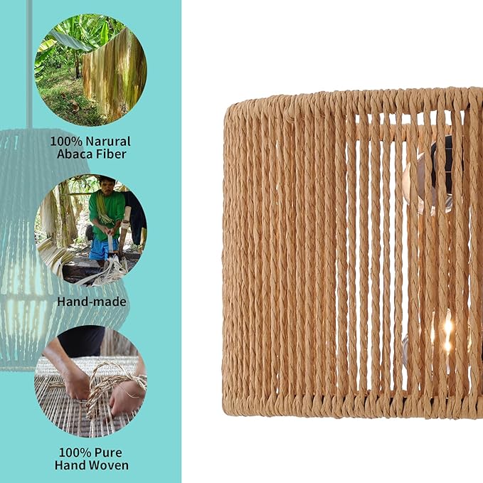 Rattan Boho Wall Sconce, Wall Hanging Lamps with Hand Woven Hemp Rope Shade , Farmhouse Rustic Wicker Black Wall Mount Vintage Sconces Light Fixture Indoor for Living Room Bedroom Bedside Stairway E26