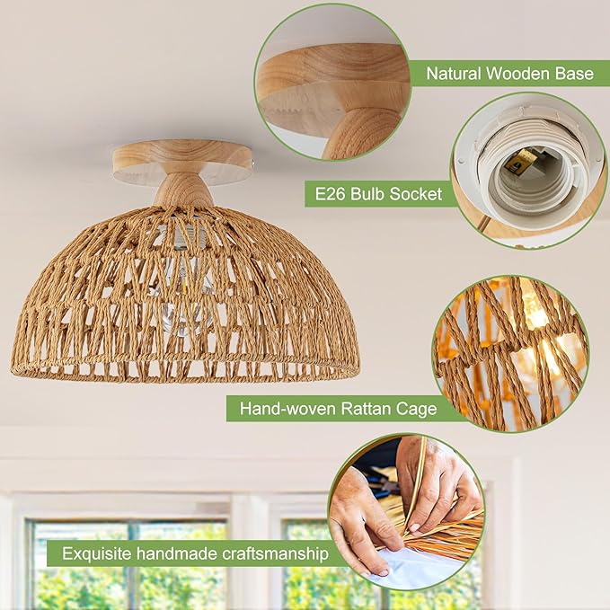 2 Packs Boho Light Rattan Chandelier Ceiling Lighting Fixtures Boho Lamp Shade Flush Mount Ceiling Light Hand-Woven Small Chandelier for Hallway Bedroom Kitchen Nursery Lights