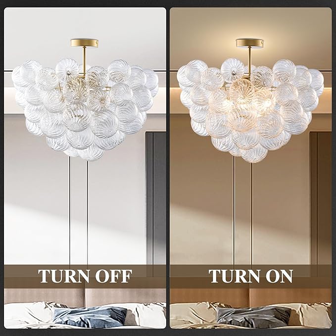 Semi Flush Mount Ceiling Bubble Ball Chandelier Lighting Dia 20 Inch Gold Clear Ribbed Blown Glass Chandeliers Ceiling Mount Light Fixtures for Bedroom, Living Room, Entry, Bathroom