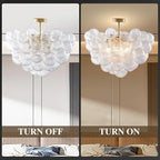 Semi Flush Mount Ceiling Bubble Ball Chandelier Lighting Dia 20 Inch Gold Clear Ribbed Blown Glass Chandeliers Ceiling Mount Light Fixtures for Bedroom, Living Room, Entry, Bathroom