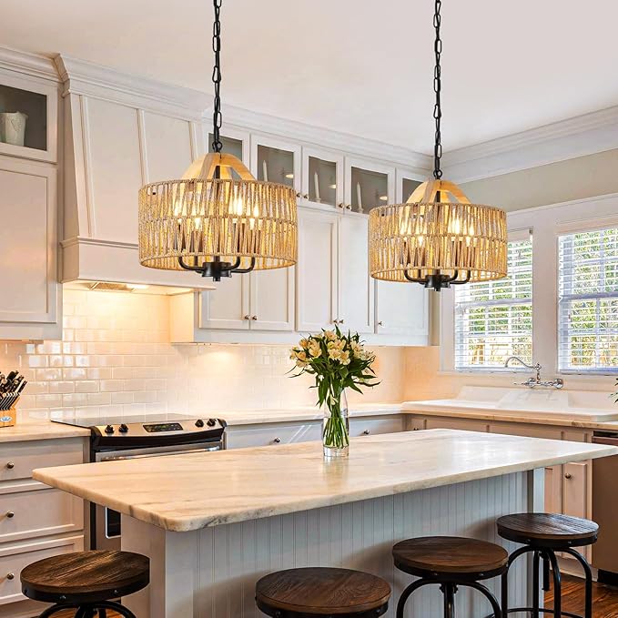 12.5” Rattan Pendant Light Fixtures, 4-Light Boho Chandelier with Woven Drum Shade, Farmhouse Dining Room Ceiling Hanging Lamp, Small Wicker Coastal Pendant Lighting for Kitchen Island Hallway