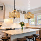 12.5” Rattan Pendant Light Fixtures, 4-Light Boho Chandelier with Woven Drum Shade, Farmhouse Dining Room Ceiling Hanging Lamp, Small Wicker Coastal Pendant Lighting for Kitchen Island Hallway