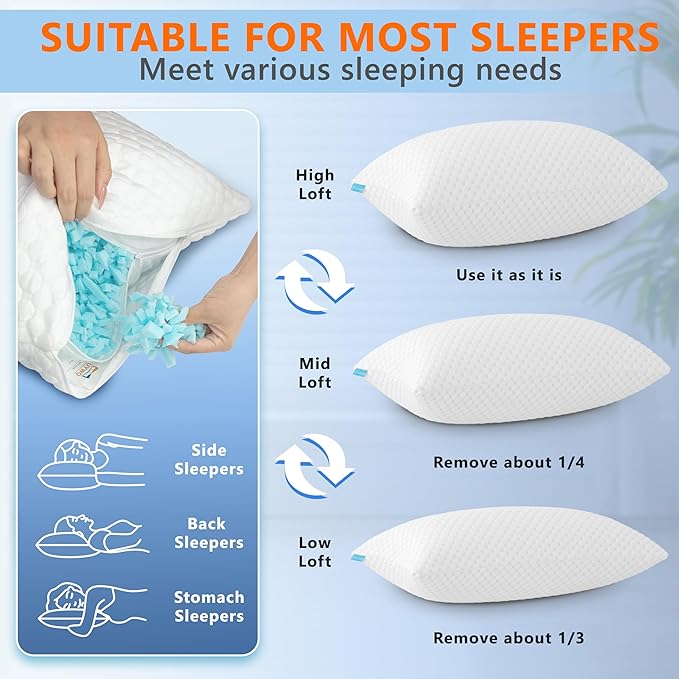 Cooling Memory Foam Pillows Firm and Soft, Queen Size 1 Pack, Original Adjustable Pillows for Side, Back or Stomach Sleepers with Removable Washable Cover