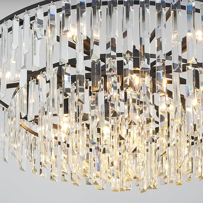 Modern Crystal Chandelier Black, 32" Round Luxury Top K9 Crystal Chandeliers 6-Tier 13 Lights Large Adjustable Height Ceiling Hanging Pendant Light Fixture for Living Room Bedroom Foyer