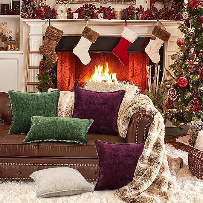 decorUhome Christmas Chenille Soft Throw Pillow Covers 24x24 Set of 2, Farmhouse Velvet Neutral Decorative Euro Pillow Covers with Stitched Edge for Couch Sofa Bed Home Decor, Rhododendron