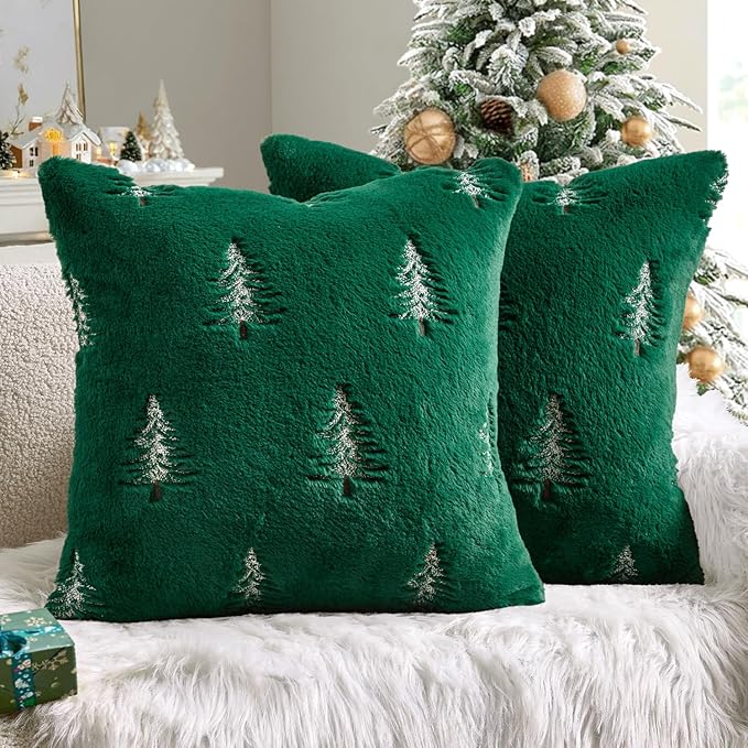 MIULEE Christmas Decorative Pillow Covers Set of 2 Faux Fur Throw Pillows with Embroidered Christmas Tree 18x18 Inch Green White Winter Couch Covers for Festival Sofa Bedroom Living Room Home Decor