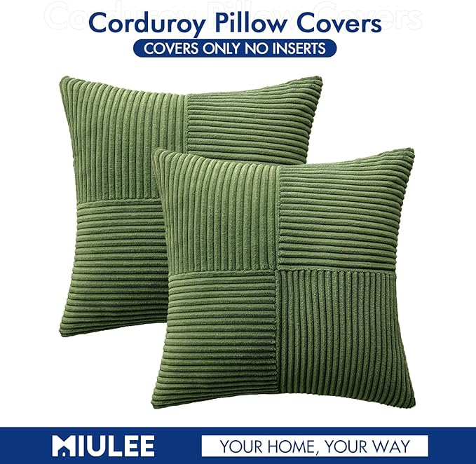 MIULEE Moss Green Corduroy Pillow Covers Pack of 2 Boho Decorative Spliced Throw Pillow Covers Soft Solid Couch Pillowcases Cross Patchwork Textured Cushion Covers for Living Room Bed Sofa 16x16 inch