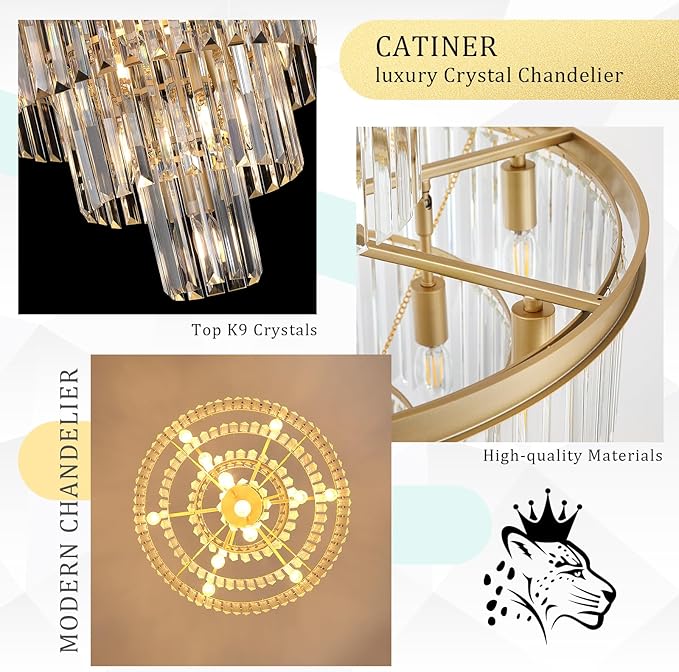 Modern Gold Crystal Chandelier 15 Lights 24" Round Light Fixture Luxury 5-Tier K9 Crystals Chandelier Contemporary Pendant Lighting for Dinning Room Living Room Foyer Kitchen