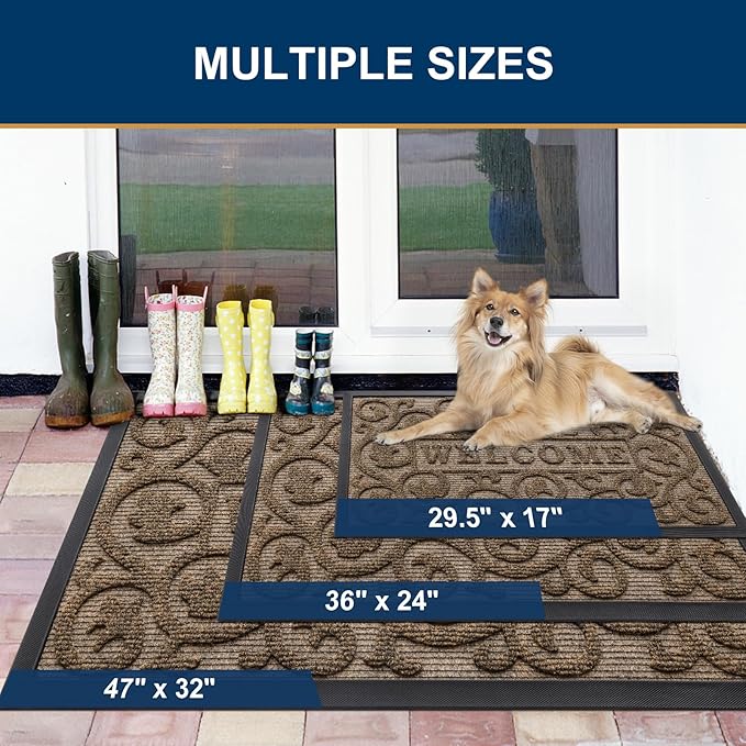 Smiry Welcome Door Mat Outside Entrance, Heavy Duty Trap Dirt and Moisture Easy Clean Low Profile Patio Porch Indoor Outdoor Front Doormat for Entry, 29.5x17 Inch, Brown/Welcome