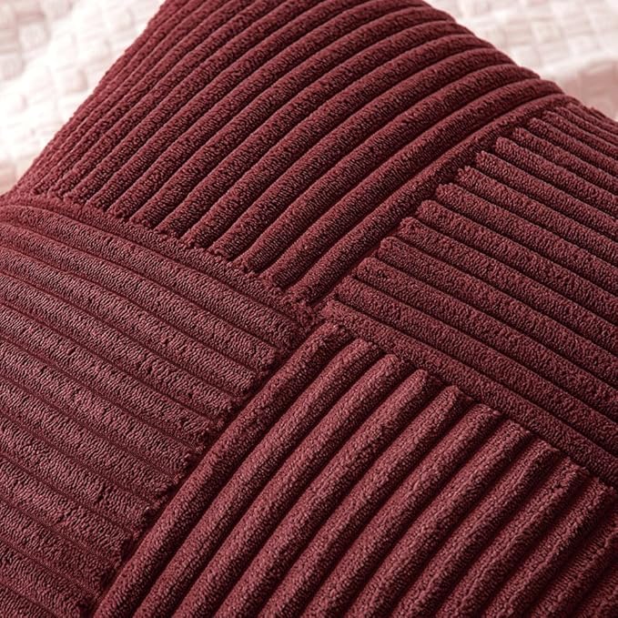 MIULEE Christmas Burgundy Corduroy Pillow Covers Pack of 2 Boho Decorative Spliced Throw Pillow Covers Soft Solid Couch Pillowcases Cross Patchwork Cushion Covers for Living Room Bed Sofa 12x20 inch