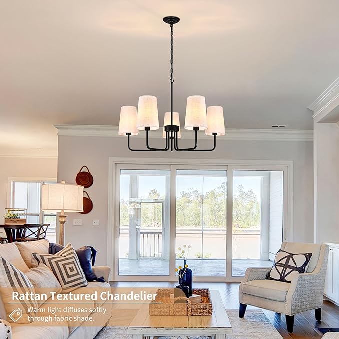 28" Black Boho Farbric Chandelier for Living Room 5-Light Coastal Farmhouse Chandeliers for Dining Room Adjustable Rustic Boho Pendant Light Fixture Bedroom Kitchen Island Entryway Foyer