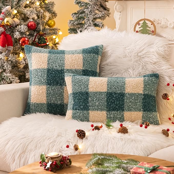 AQOTHES Green White Plaid Winter Throw Pillow Covers 18x18 Inch Set of 2, Boucle Faux Fur Pillow Covers,Cozy Fluffy Home Living Room Farmhouse Decor for Sofa Couch Bed