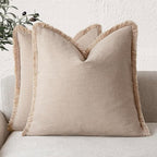 Foindtower Set of 2 Decorative Cozy Farmhouse Cushion Cover Linen Fringe Throw Pillow Covers with Tassels for Couch Sofa Bed Living Room Home Decor,26×26 Inch,Tan Beige