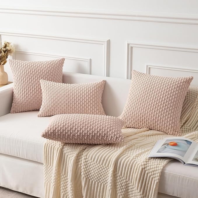 Kevin Textile Pack of 2 Corduroy Decorative Throw Pillow Covers 20x20 Inch Soft Boho Striped Pillow Covers Modern Home Decor for Spring Sofa Living Room Couch Bed Light Pink