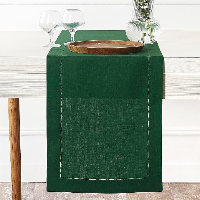 D'Moksha Homes Linen Forest Green Table Runner 48 Inches - Classic Hemstitch, 100% Pure Linen Coffee Table Runner 14 x 48 Inch Ideal for Dresser Tables - Fall, Autumn and Halloween