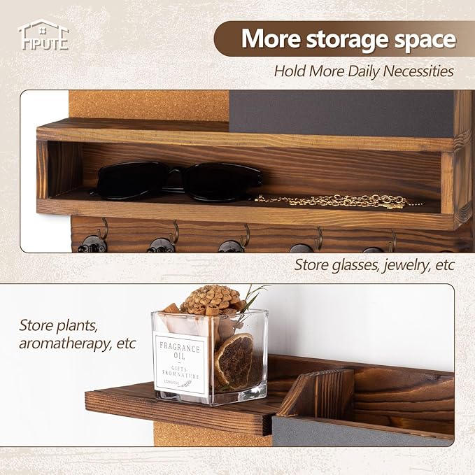 Key Holder for Wall Mount with Mail Organizer, Farmhouse Key Holder for Wall with Shelf, Chalkboard&Corkboard, Entryway Organizer 11 Metal Hooks, Decorative Natural Pine Wood, 14.6*11.1*3.3”, A-Brown