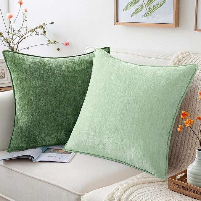 decorUhome Couch Throw Pillow Covers 18x18 Set of 2, Decorative Soft Euro Neutral Chenille Pillow Covers with Elegant Design for Sofa Bed Living Room Home Decor, Sage Green