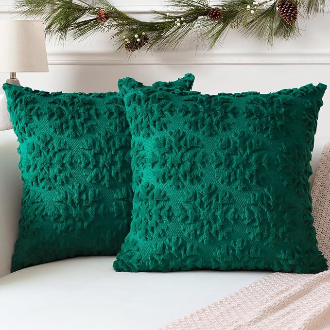 OTOSTAR Set of 2 Xmas Soft Plush Short Wool Velvet Decorative Throw Pillow Covers Square Luxury Style Cushion Case Pillow Shell for Sofa Bedroom Snowflake Green, 28x28 Inch