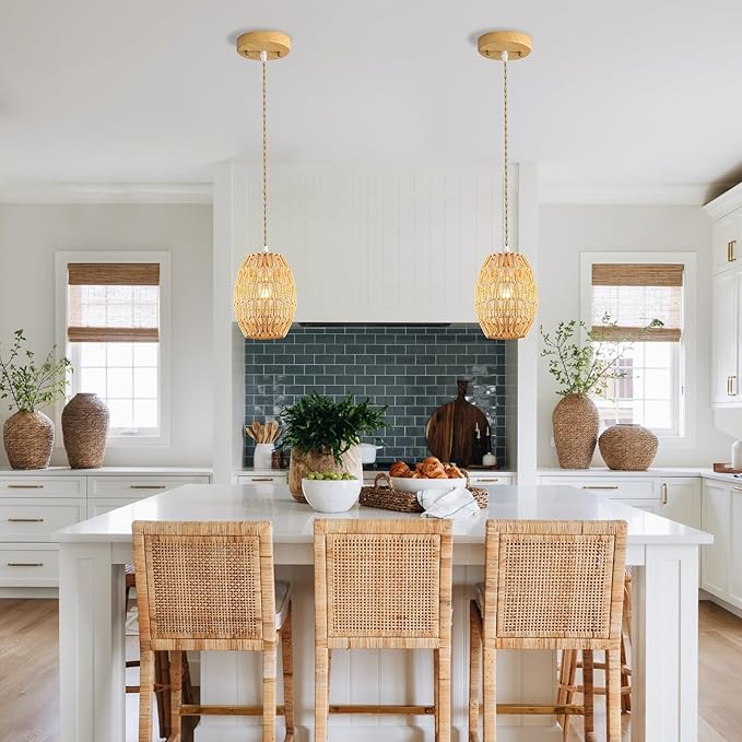 2-Light Rattan Pendant Light, Boho Chandelier Light Fixture, Small Wicker Light Fixture, Wicker Chandelier, for Bedroom Kitchen Island, ETL Listed