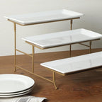 Gibson Home Gracious Dining Dinnerware, 3-Tier Rectangle Plate Serving Set with Gold Metal Stand, White
