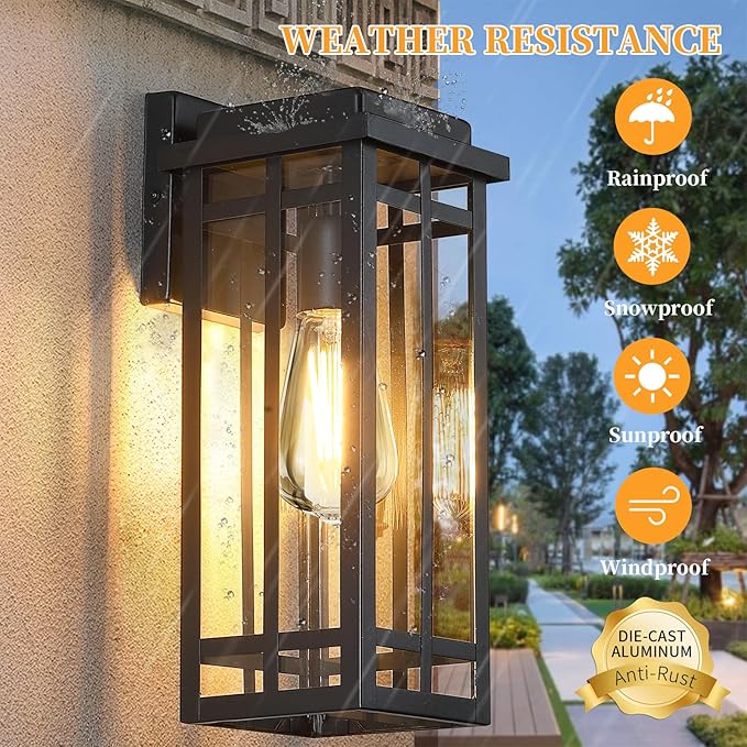 13.8'' Outdoor Wall Light Fixtures 2 Packs, Black Porch Lights Outdoor Lighting for House, Exterior Lighting Fixtures Wall Lanterns, Waterproof Modern Outside Sconce Lights for Patio Garage(No Sensor)