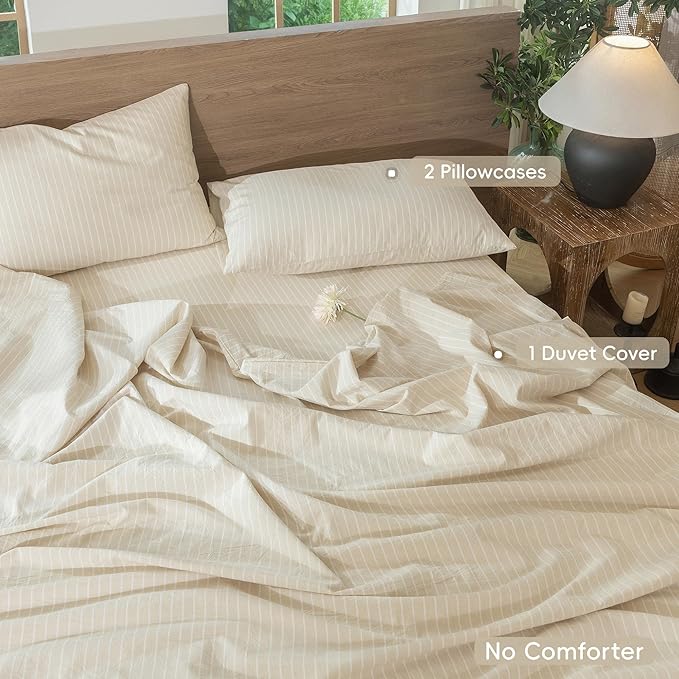 MooMee Striped Duvet Cover Set 100% Washed Cotton Linen Like Textured Breathable Durable Soft Comfy (Almond Milk Grey White Wide Stripes, Cal King 104"x98")