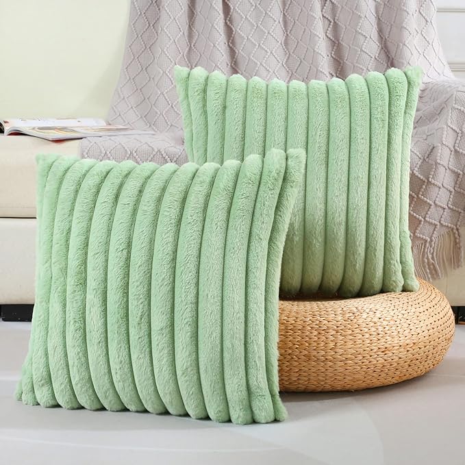 FUTEI Sage Green Striped Decorative Throw Pillow Covers 24x24 Inch Set of 2,Square Winter Decorations Couch Euro Pillow Case,Soft Cozy Faux Rabbit Fur & Velvet Back,Modern Home Decor for Bed