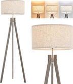 ELYONA Farmhouse Wood Tripod Floor Lamp, Modern Reading Standing Lamp with 3 Color Temperatures LED Blub & Nature Linen Shade, Night Light for Living Room, Bedroom, Study Room, Office, Grey