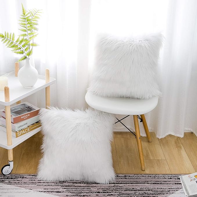 WLNUI Set of 2 White Christmas Decorative Fluffy Pillow Covers New Luxury Series Merino Style Faux Fur Throw Pillow Covers Square Fuzzy Cushion Case for Sofa Bedroom Living Room Home Decor 20x20 Inch