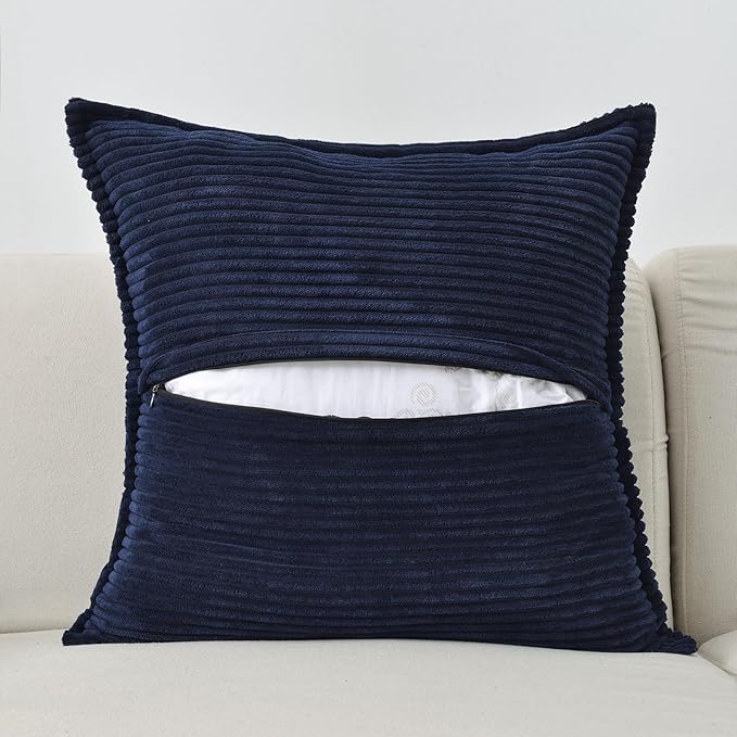 HAUSSY Navy Blue Throw Pillow Covers 18x18 Inch Set of 2,Soft Solid Corduroy Striped/Wide Bordered,Square Decorative Cushion Case,Spring Home Decorations for Couch,Bed