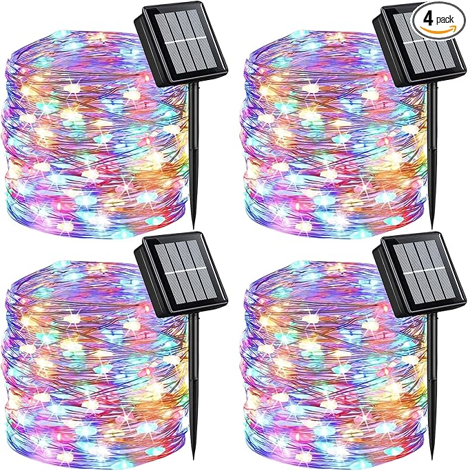 QITONG 4 Pack Multicolor Solar Fairy Lights Outdoor Waterproof, Each 33ft 100 LED Christmas String Lights, 8 Modes Silver Wire Mini Twinkle Lights