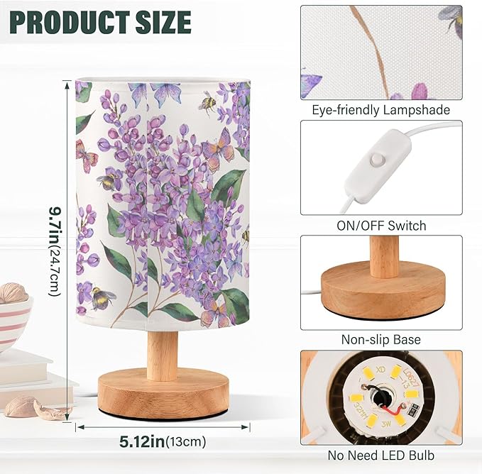 Table Lamp Purple Lilac Flower Bee Butterfly Nature Floral Nightstand Lamp with Wood Base Fabric Lamp Shade Bedside Desk Lamp for Living Room Bedroom Kids Room Office