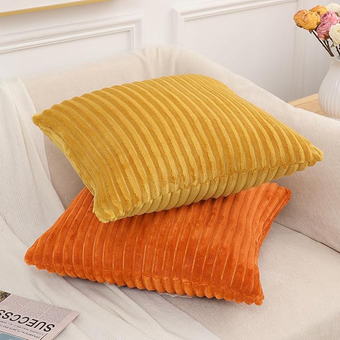 Simmore Decorative Fall Throw Pillow Covers 24x24 Set of 2, Soft Natural Plush Flannel Double-Sided Fluffy Couch Pillow Covers for Sofa Living Room, Orange
