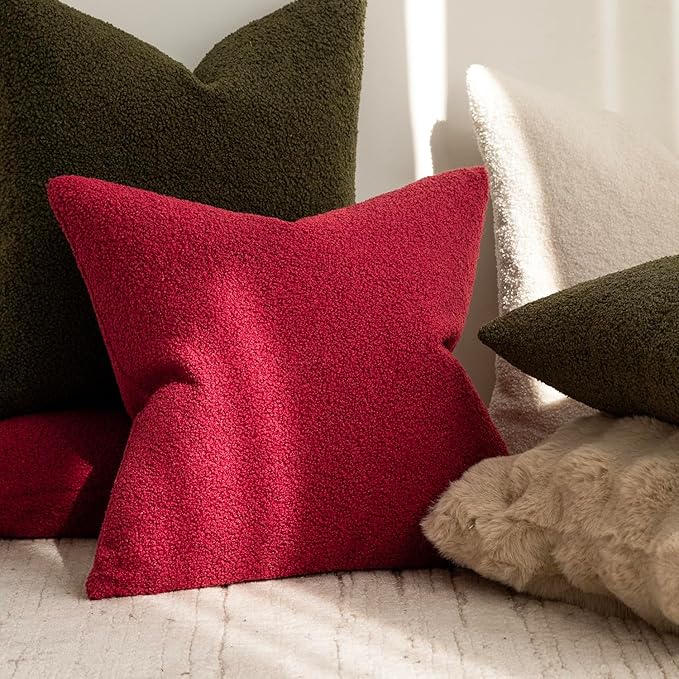 Foindtower Pack of 2, Curly Faux Fur Decorative Throw Pillow Covers Soft Neutral Plush Cushion Case Cozy Fluffy Furry Pillowcase for Home Living Room Couch Bedroom Bed Sofa 18x18 Inch Burgundy Red
