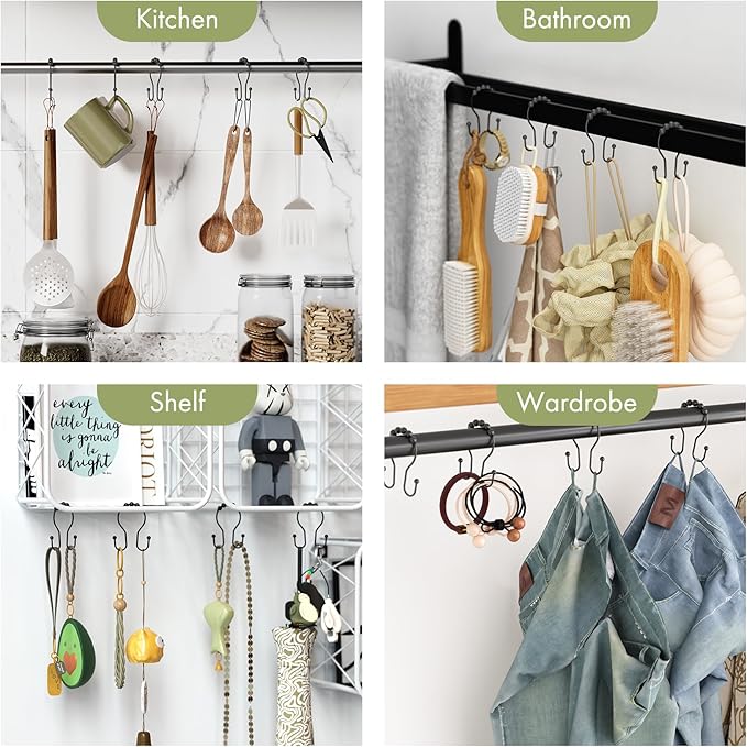 AmazerBath Shower Curtain Hooks Black Shower Curtain Rings, Metal Shower Curtain Hooks Rust Proof, Smooth Glide Double Shower Hooks Rings for Shower Curtain, Shower Rod Hooks 12Pcs