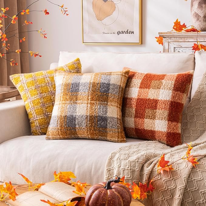 Yellow Plaid Fall Throw Pillow Covers 12x20 Inch Set of 2, Boucle Decorative Pillow Covers,Cozy Fluffy Home Living Room Farmhouse Decor for Sofa Couch Bed