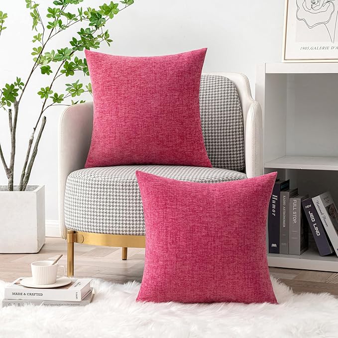 MIULEE Pack of 2 Couch Throw Pillow Covers 20x20 Inch Soft Hot Pink Chenille Pillow Covers for Sofa Living Room Solid Dyed Pillow Cases