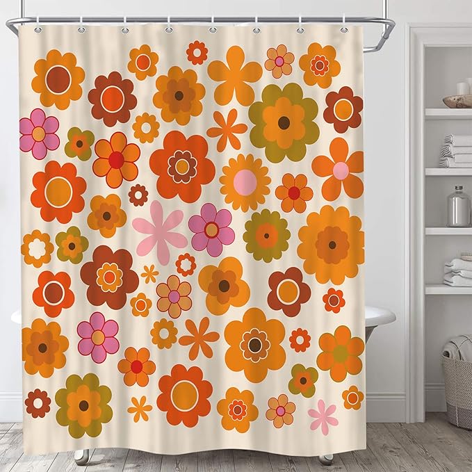 Retro Flowers Camper RV Shower Curtain for Travel Trailer Bathroom, Groovy 70s Funky Boho Camping Small Shorter Fabric Shower Curtains Set, Happy Camp Outdoor Decor Accessories with Hooks 47X64 inch