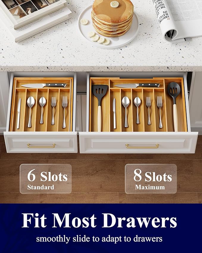 Kitsure Large Bamboo Silverware Organizer - Expandable Drawer Organizer for Utensil, Cutlery and Flatware, Kitchen Storage Solution with 6 to 8 Slots, Natural, 18.7" × 12.8" × 1.8"