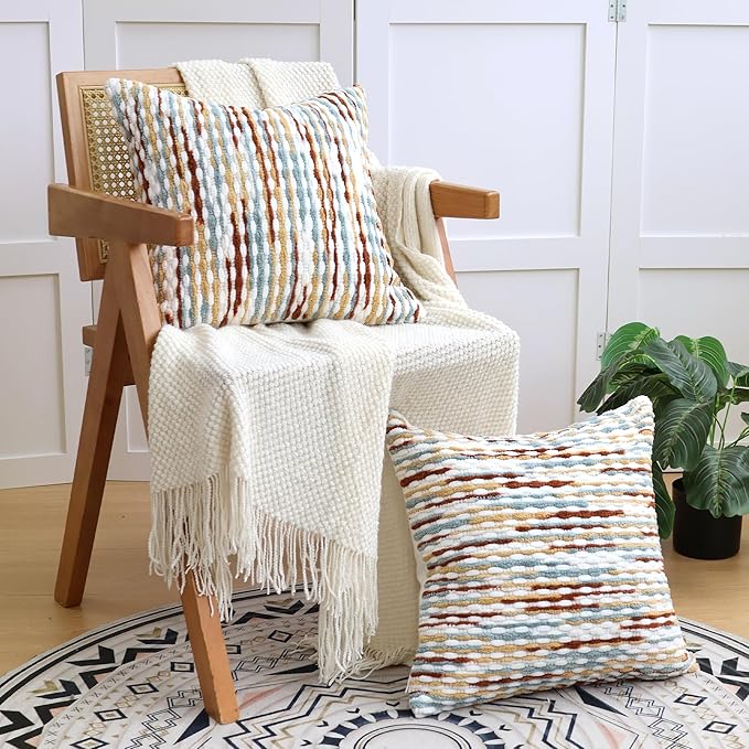 Boho Decorative Throw Pillow Covers 18x18 Inch, Chenille Tufted Pillow Cover Stripe Textured Square Farmhouse Accent Pillowcase for Couch Sofa Bedroom Living Room, Red White Khaki Grey 1 Pack