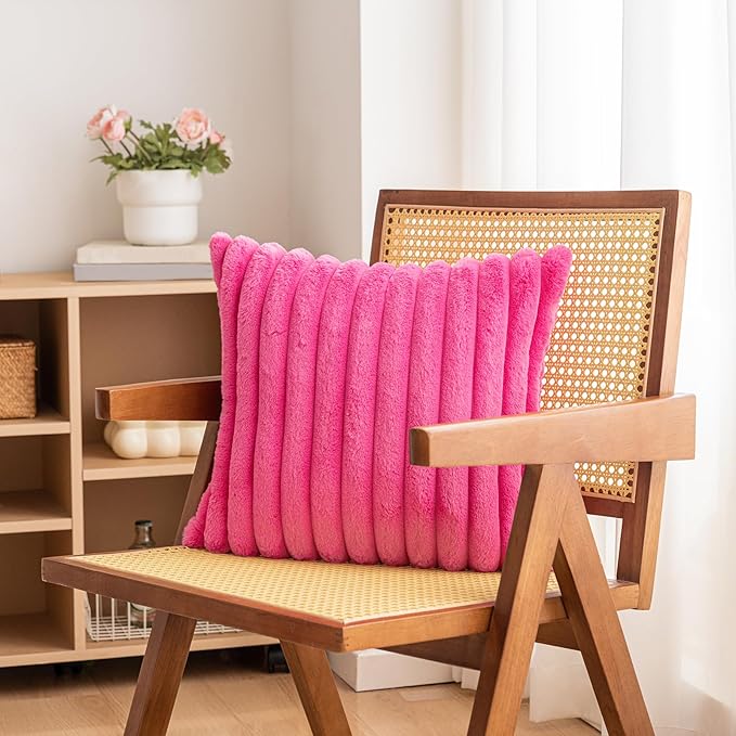 Double-Sided Faux Fur Plush Throw Pillow Covers 18x18 Set of 2 Fuzzy Striped Soft Cozy Pillowcase Luxury Decorative Pillows Square Shaggy Cushion Covers for Couch Sofa Bed,Hot Pink